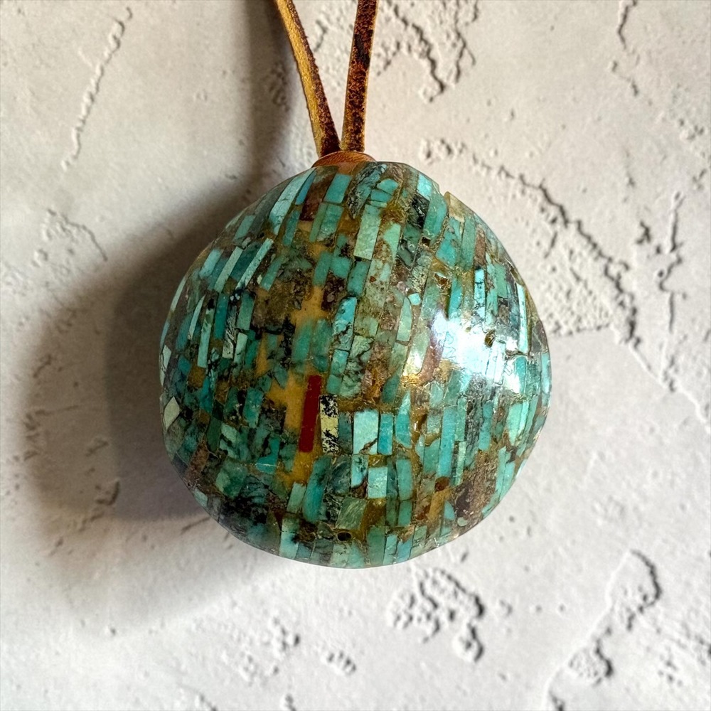 Vintage Santo Domingo Turquoise Mosaic Inlay Shell Pendant Southwestern Necklace - Picture 2 of 8